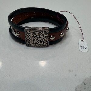 Brown and Black Leather Bracelet with Silver Studs
